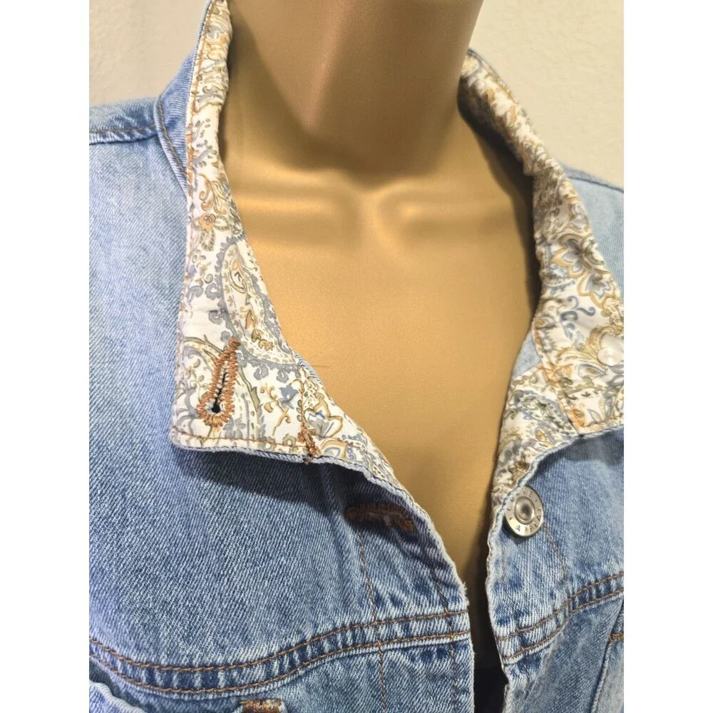 Upcycled Denim Jean Jacket Womens XL Blue Quilt Square Coastal Grandma Folk Art